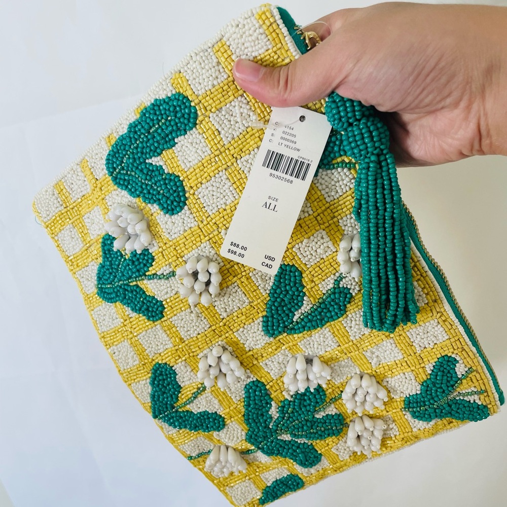 NWT $88 Anthropologie Yellow Lattice Floral The Fiona Large Beaded Pouch - Picture 5 of 5